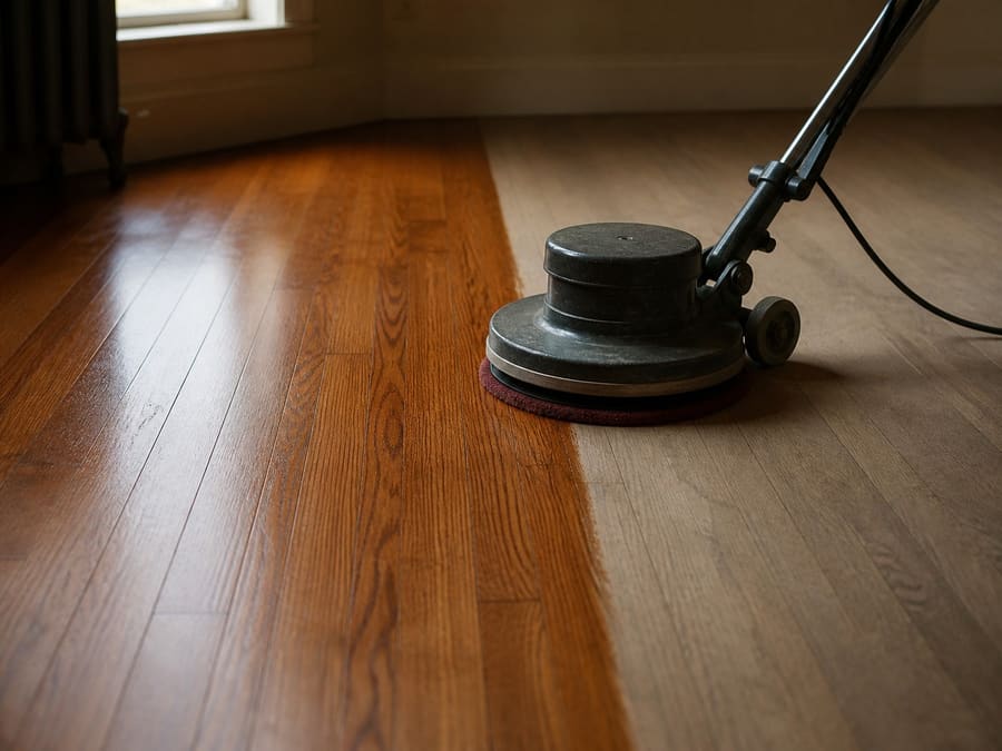 A finish applicator drawing a fresh coat across a hardwood floor that has been buffed but not sanded