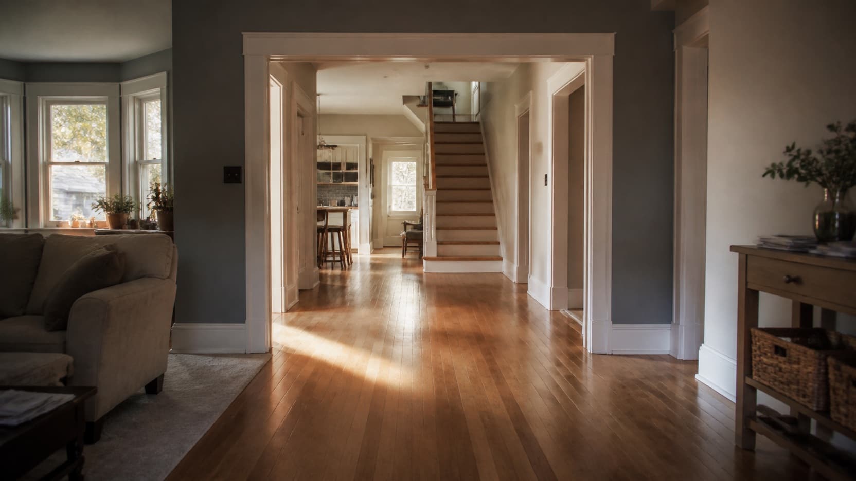Refinished oak strip flooring running through the open ground floor of a Staten Island house, with a staircase rising at the far end