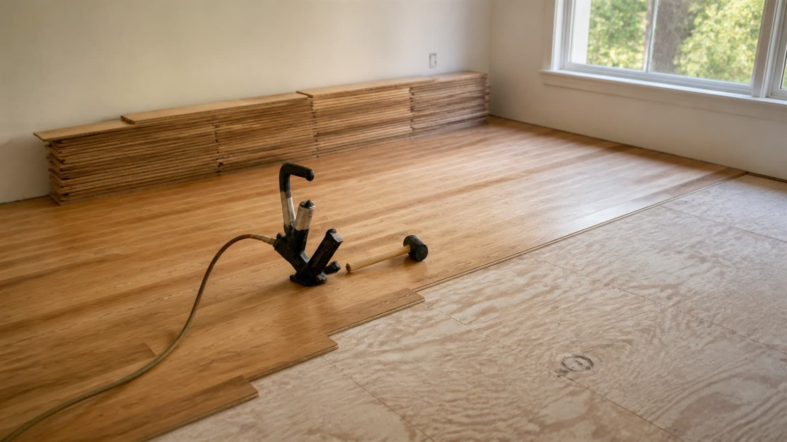 New oak boards being laid across a prepared plywood subfloor in a bright empty Staten Island room