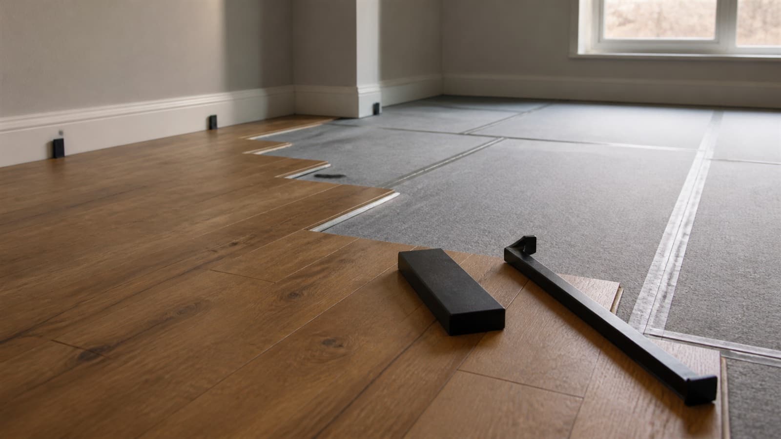 Laminate planks being clicked together over foam underlayment in a Staten Island ground floor room