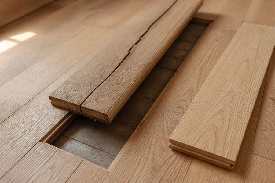 A split hardwood board being lifted clear so a matching replacement can be fitted